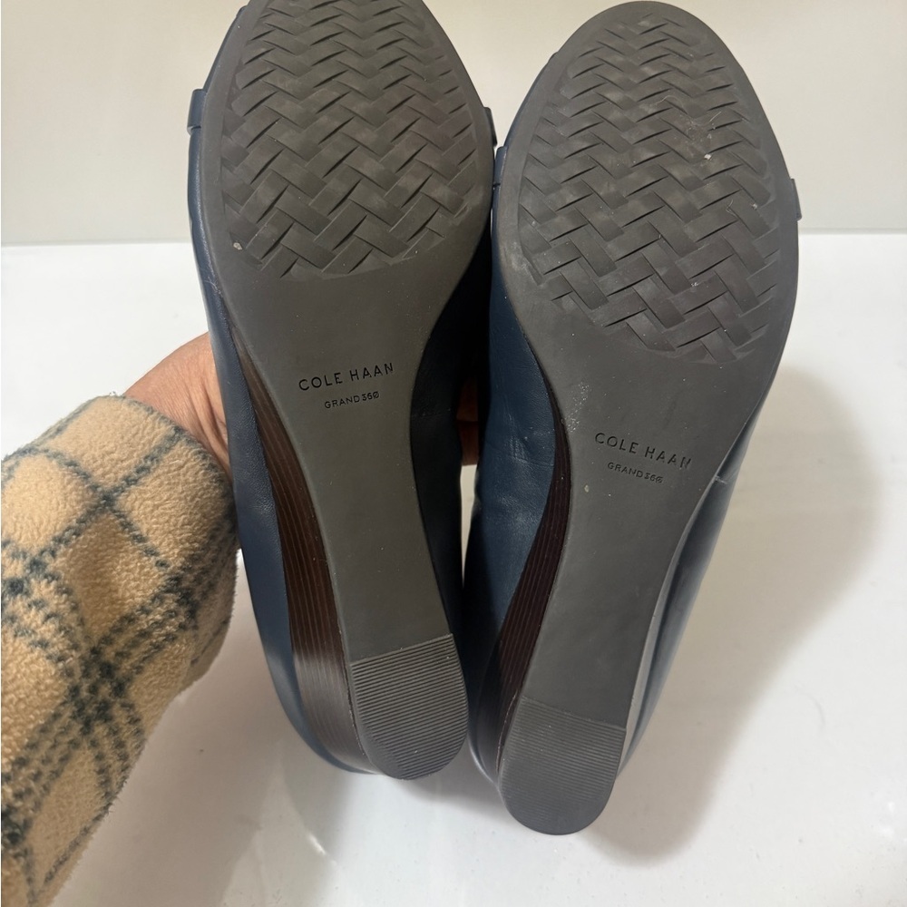 Cole Haan Women's Navy Peep-Toe Flats with Gold Accent - Picture 12 of 16